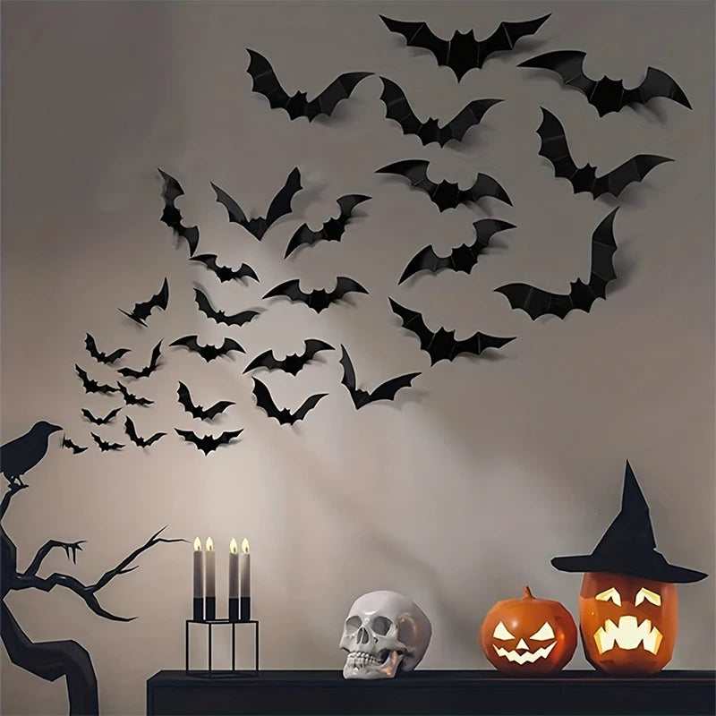 12/24/36/48/60 Stück schwarze 3D-Fledermaus-Wandaufkleber-Set, Halloween-Party-Essentials für Zuhause, Zimmerdekor, Fenster-Wandaufkleber, Glasaufkleber