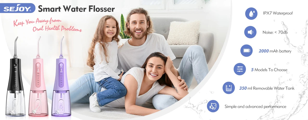 Sejoy Wasserflosser Dental Akku für die Zahnreinigung, 5 Modi, Munddusche, Zahnspangen, Zahnseide, Reiniger, tragbar, für Reisen nach Hause