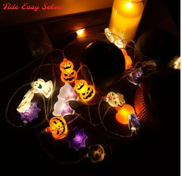 2PCS1.5/3m Halloween LED Lichterkette, Kürbis Geister Spinnennetz Fledermaus Kronleuchter, Batteriebetriebene Halloween Dekoration Requisiten