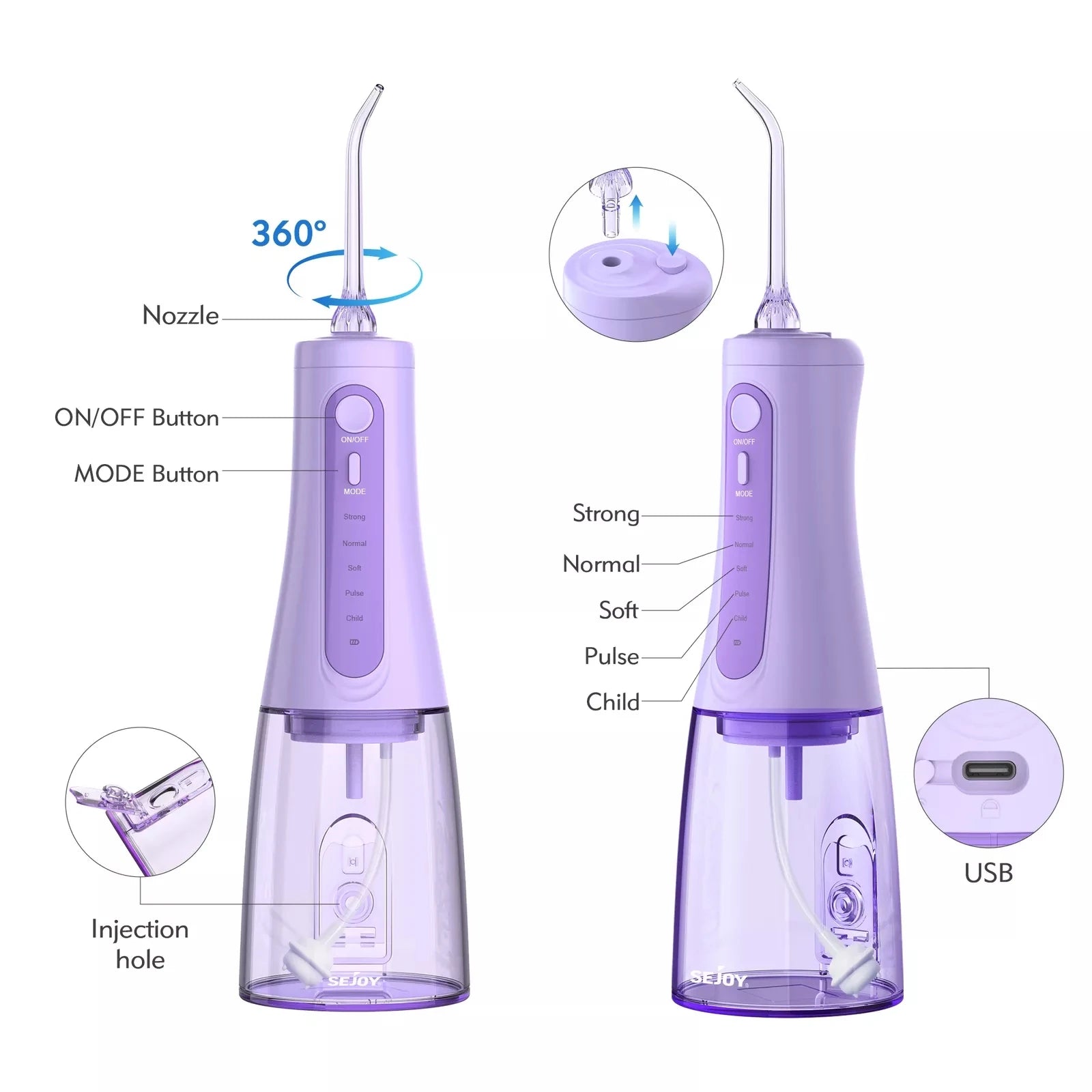 Sejoy Wasserflosser Dental Akku für die Zahnreinigung, 5 Modi, Munddusche, Zahnspangen, Zahnseide, Reiniger, tragbar, für Reisen nach Hause