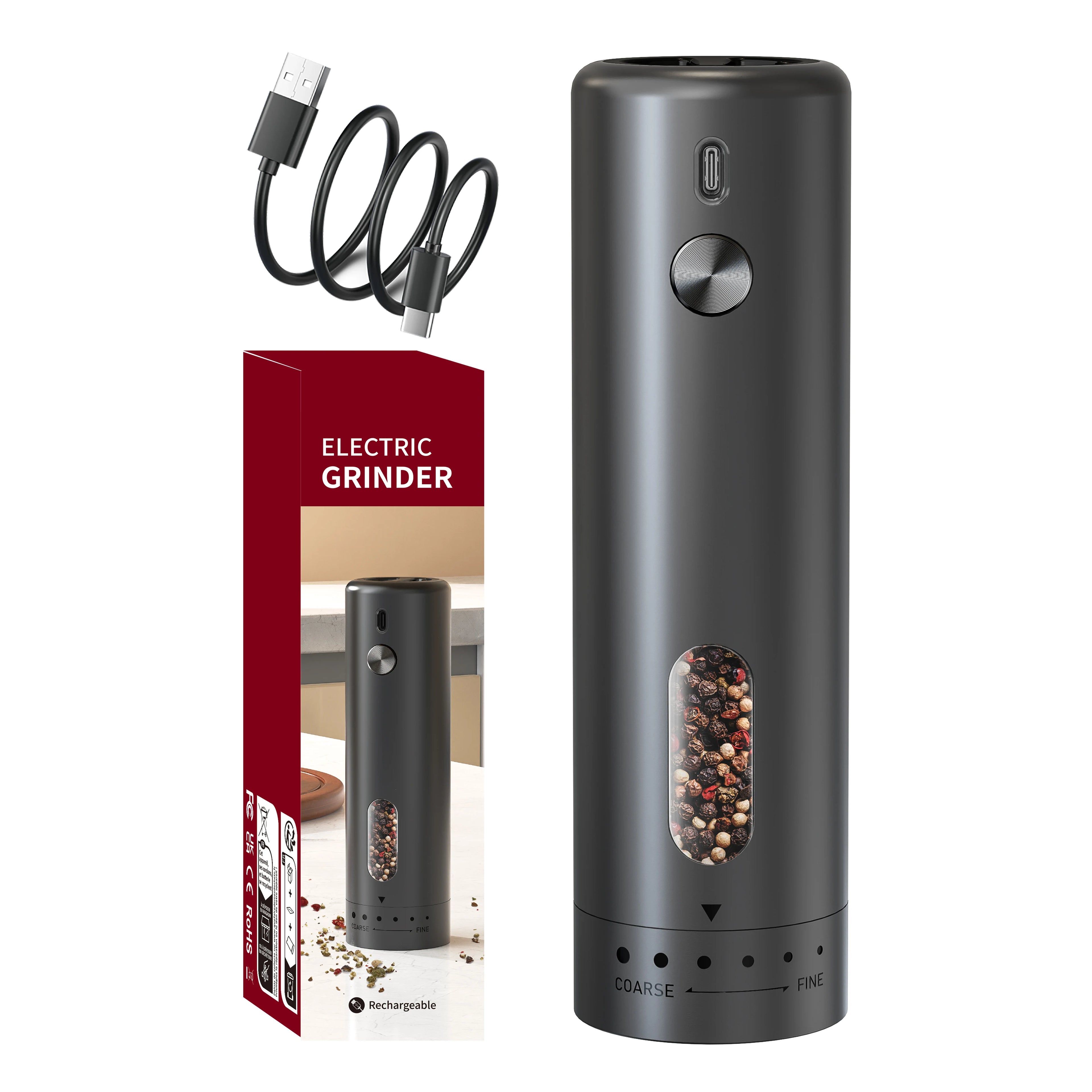 110 ml wiederaufladbare elektrische Salz- und Pfeffermühlen-Schüttler, USB, automatisch einstellbare Grobheit, Gewürzmühlen für Küchenhelfer