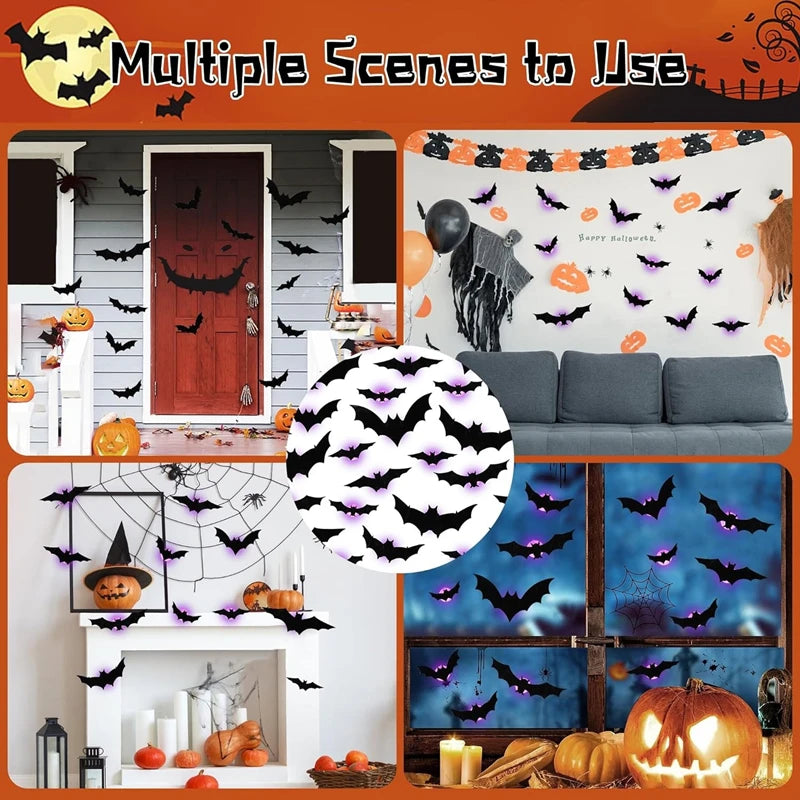 36-Pack LED Bats Spider Decor - Glow-in-the-Dark 3D Wall Stickers with Green Lights for Indoor/Outdoor Halloween Party Scares