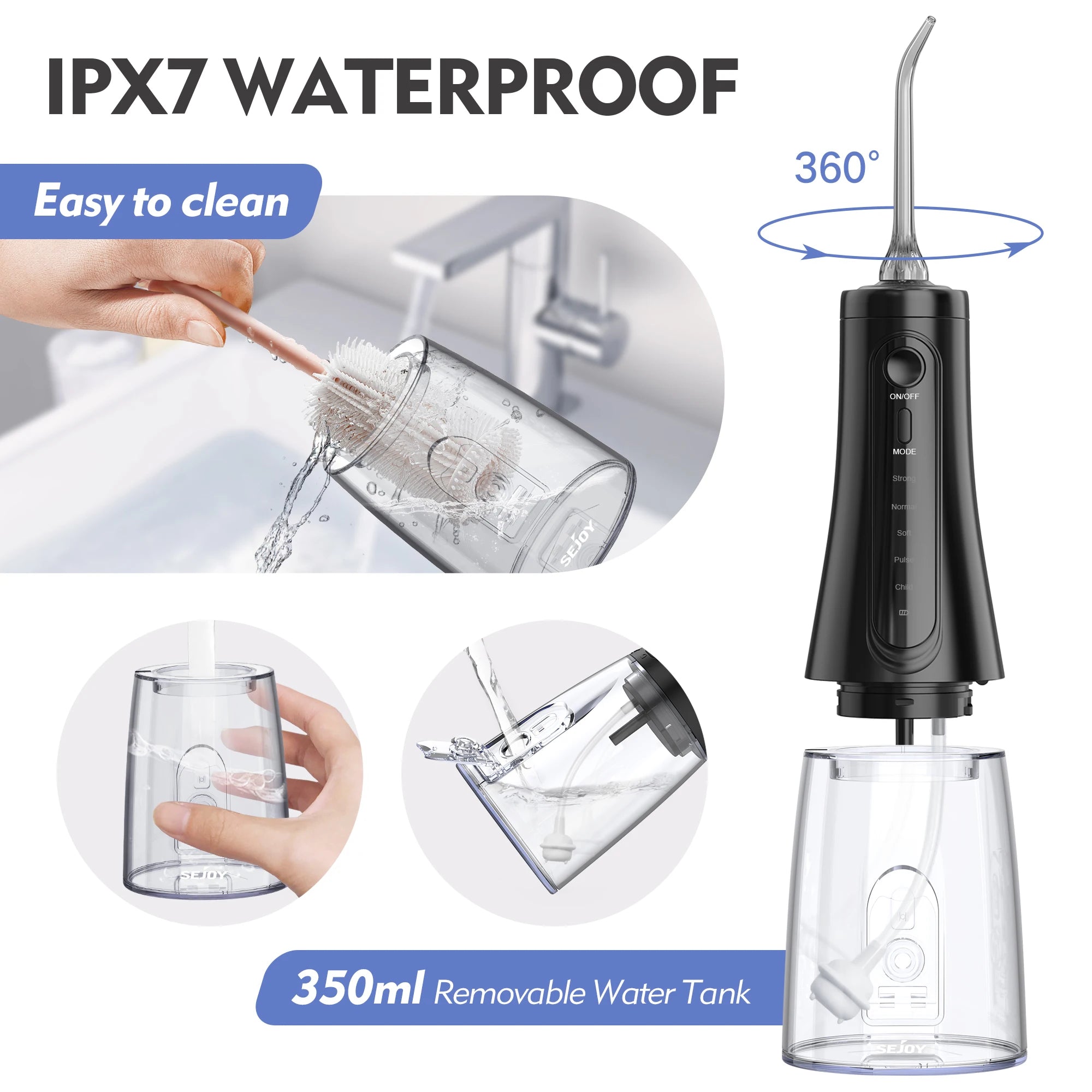 Sejoy Wasserflosser Dental Akku für die Zahnreinigung, 5 Modi, Munddusche, Zahnspangen, Zahnseide, Reiniger, tragbar, für Reisen nach Hause