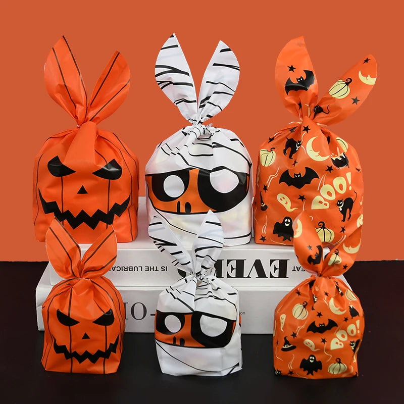25/50 Stück Halloween Süßigkeitentüten, Kaninchenohr Kürbis, Plastiktüte, Kekse, Dessert DIY Verpackung, Kid Halloween, Party Geschenk Dekor