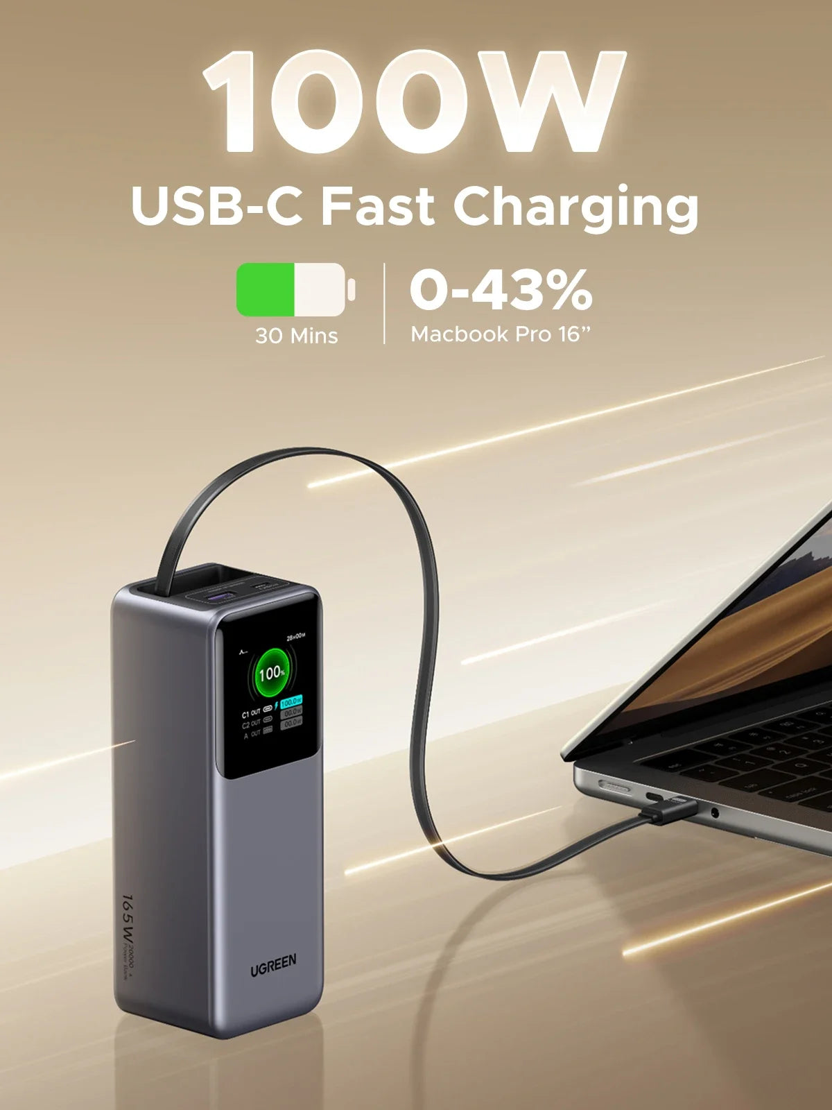 UGREEN Nexode 165W Power Bank 20000mAh Chargeur Portable 100W Max PD3.0 Batterie Externe Câble Intégré pour Ordinateur Portable Téléphone Portable