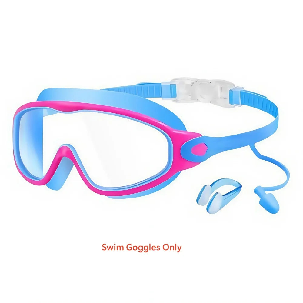 Schwimmbrille für Kinder mit großem Rahmen, Nasenclips und Ohrstöpseln
