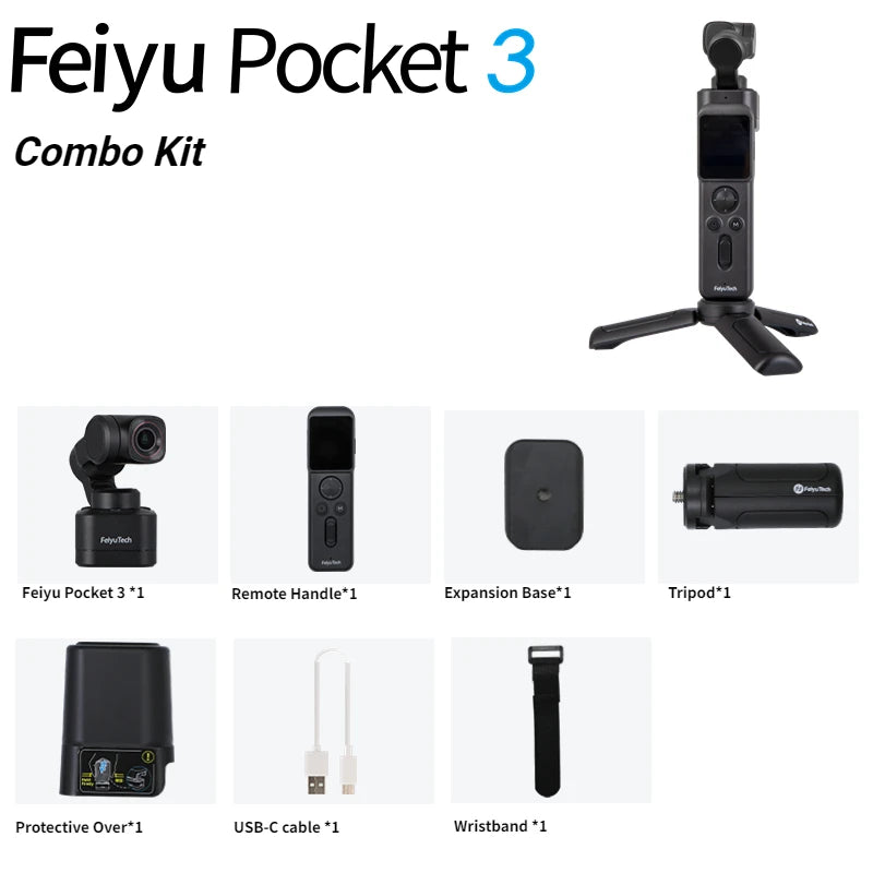 FeiyuTech Feiyu Pocket 3 Kit Kabellose, abnehmbare 3-Achsen-Stabilisator-Gimbal-Kamera 4K60fps-Aufnahmen Magnetische Befestigung AI-Tracking