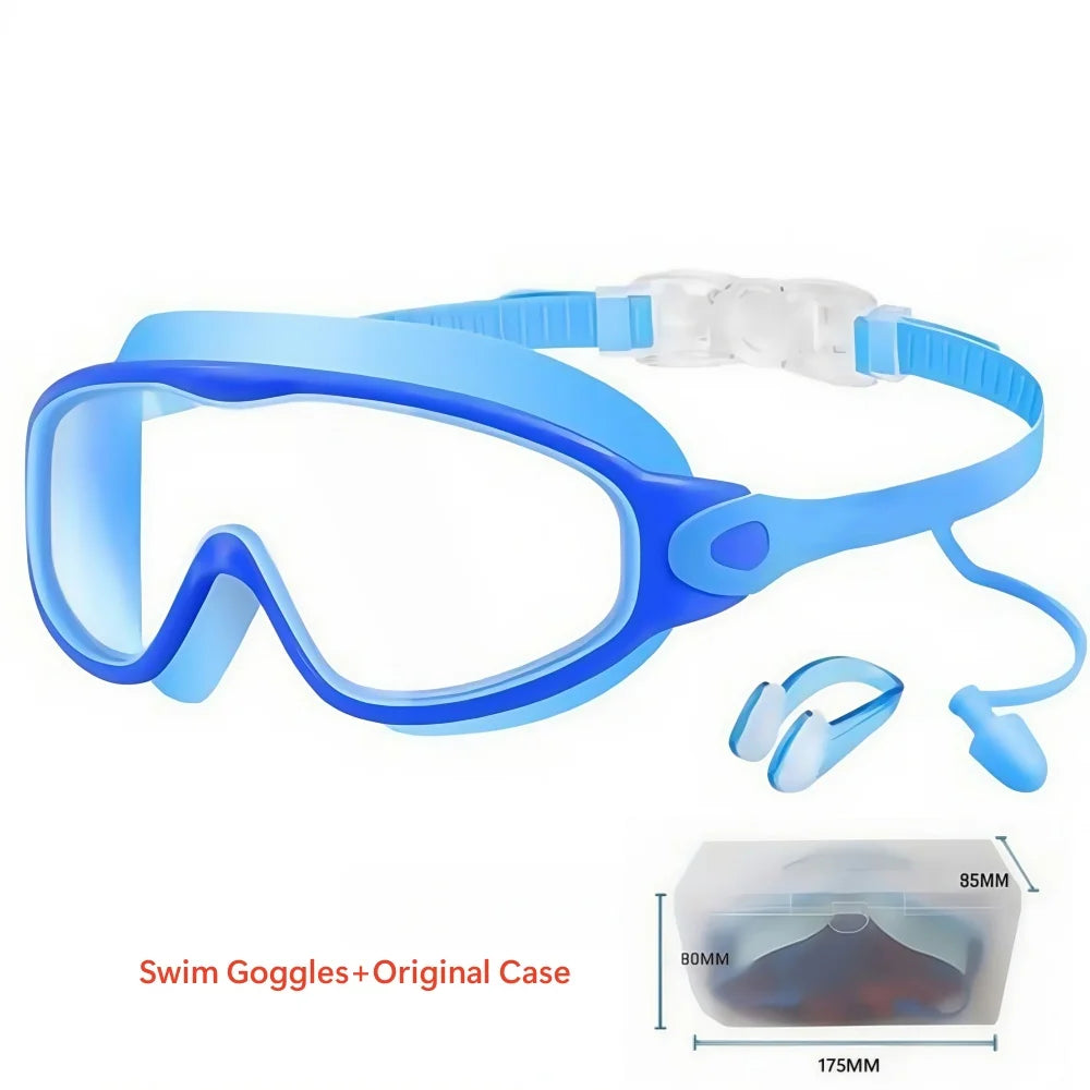 Schwimmbrille für Kinder mit großem Rahmen, Nasenclips und Ohrstöpseln