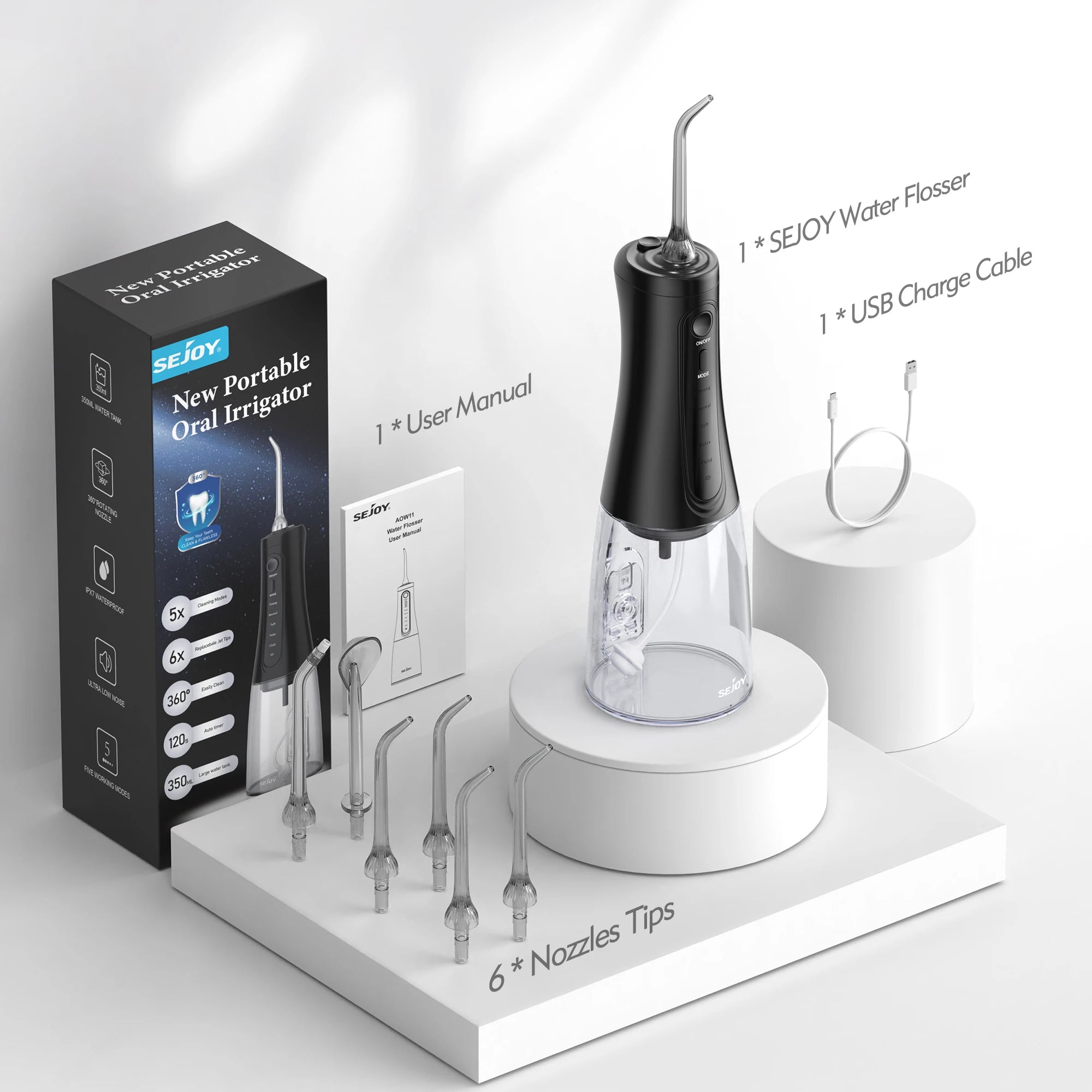 Sejoy Wasserflosser Dental Akku für die Zahnreinigung, 5 Modi, Munddusche, Zahnspangen, Zahnseide, Reiniger, tragbar, für Reisen nach Hause
