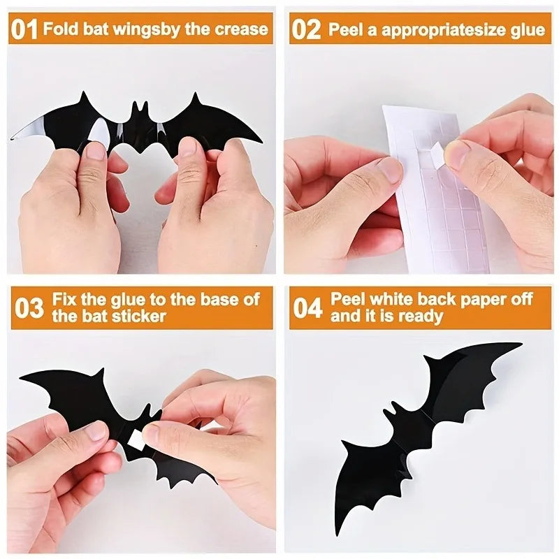 12/24/36/48/60 Stück schwarze 3D-Fledermaus-Wandaufkleber-Set, Halloween-Party-Essentials für Zuhause, Zimmerdekor, Fenster-Wandaufkleber, Glasaufkleber