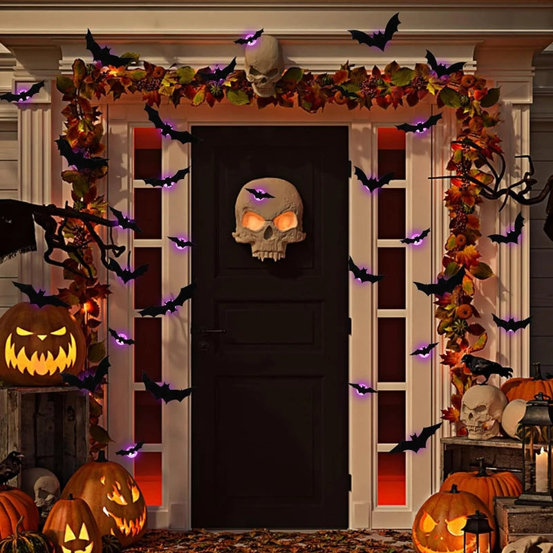 36-Pack LED Bats Spider Decor - Glow-in-the-Dark 3D Wall Stickers with Green Lights for Indoor/Outdoor Halloween Party Scares