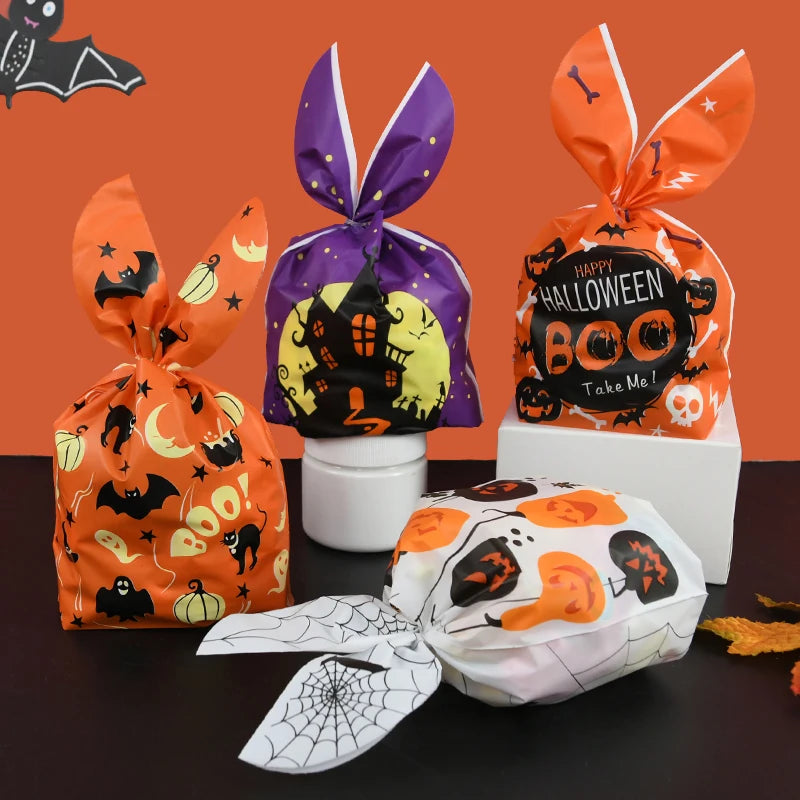 25/50 Stück Halloween Süßigkeitentüten, Kaninchenohr Kürbis, Plastiktüte, Kekse, Dessert DIY Verpackung, Kid Halloween, Party Geschenk Dekor