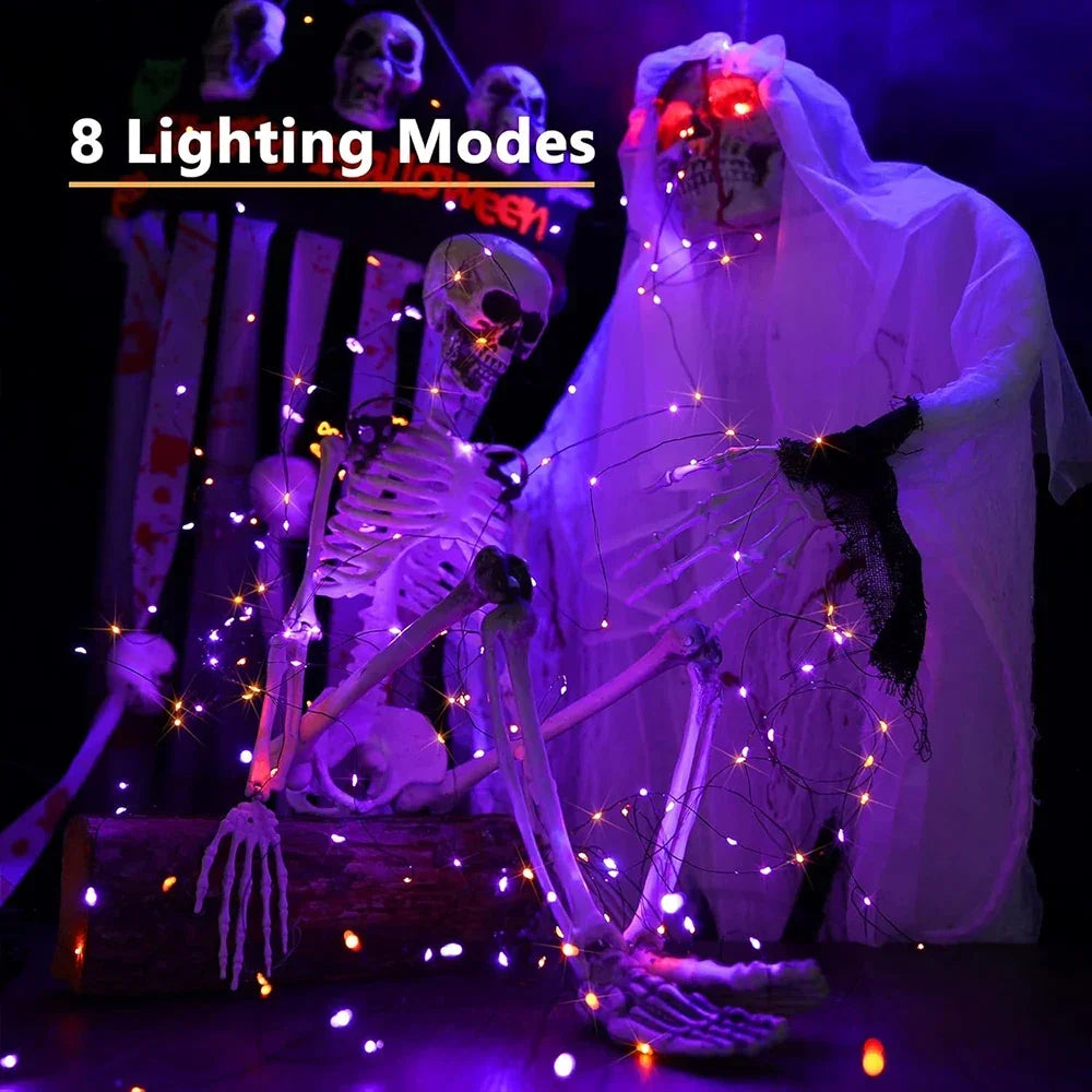 10–120 m Kupferdraht-Lichterketten, Halloween, lila und orange, 8 Modi, für den Außenbereich, Straßenbeleuchtung, Weihnachtsgirlande, Partydekoration