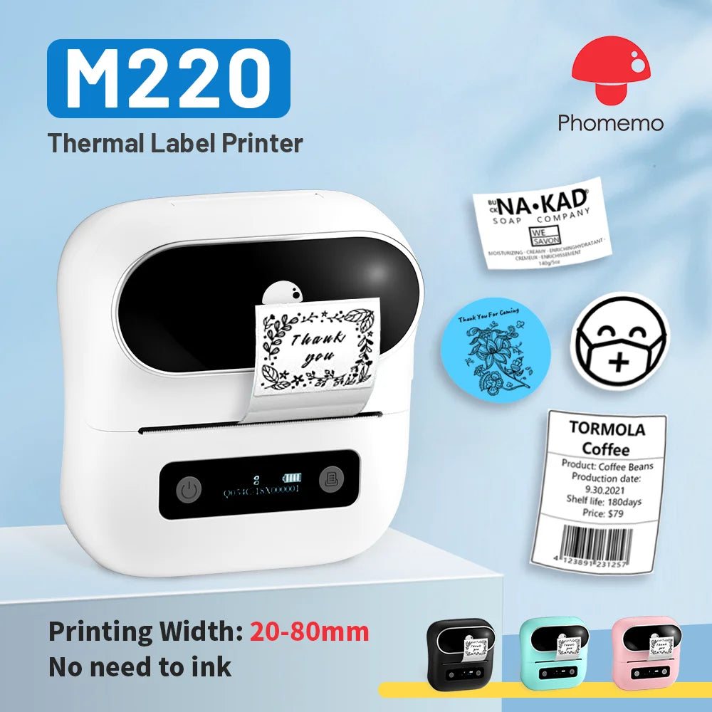 Imprimante d'étiquettes thermique Phomemo M220 75 mm pour codes-barres, adresses, courriers, dossiers, étiquettes pour téléphones et PC