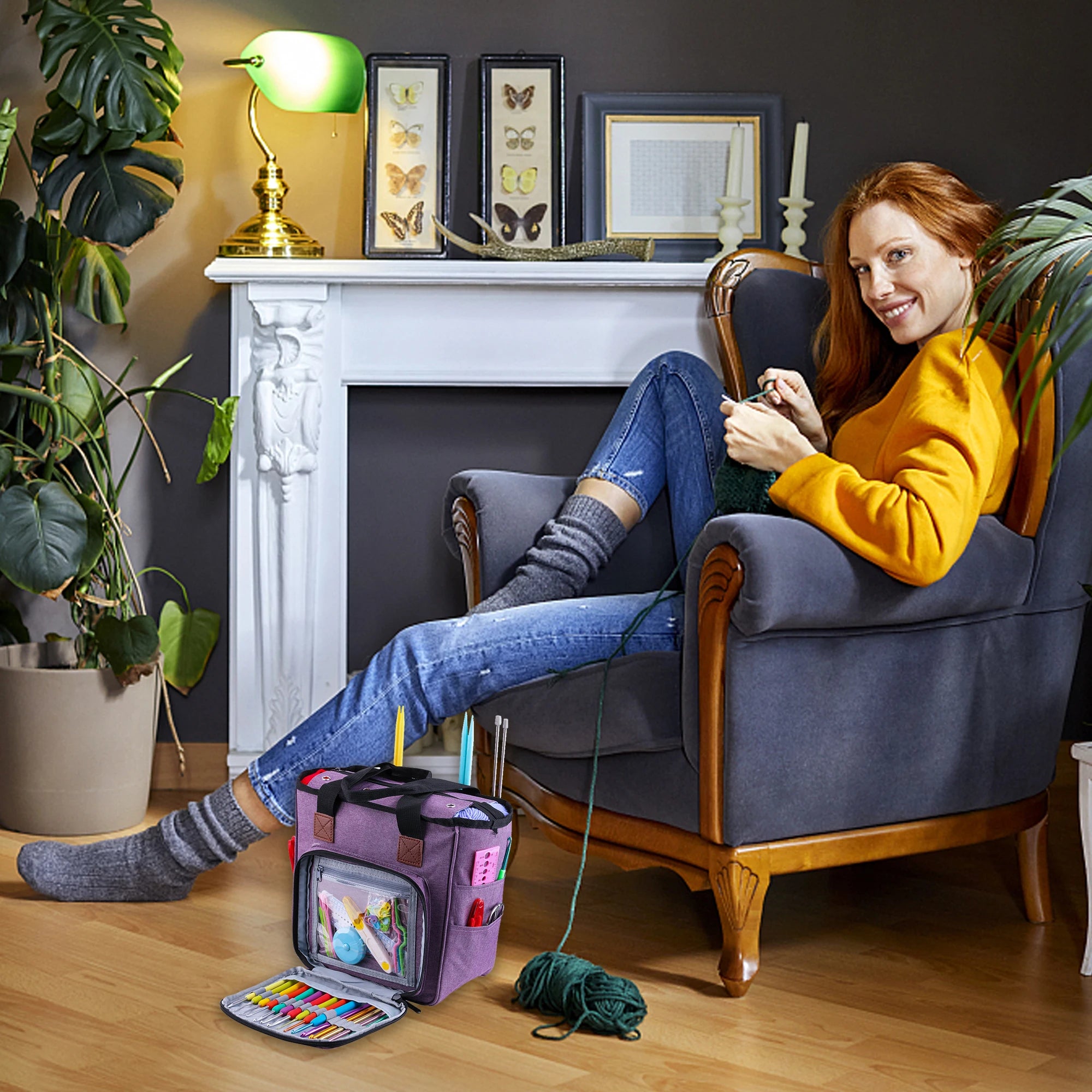 KOKNIT Strick-Tragetasche, Garn-Aufbewahrungstasche für Stricknadeln, Häkelnadeln und Nähzubehör, DIY-Nähset-Tasche für Mamas
