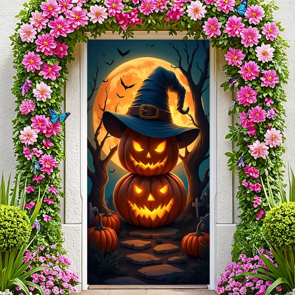 Event-Banner, bunter Druck, Kürbis-Laternen-Banner, Kürbis-Banner, Halloween-Party, Feiertagsfeier, gruselige Tür-Banner-Abdeckung