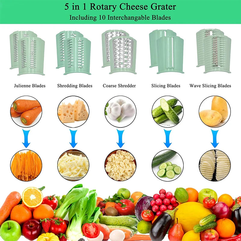 5-in-1 rotierende Käsereibe mit Griff, Küchen-Gemüseschneider, runder Mandoline-Trommelschneider mit Saugbasis JT435