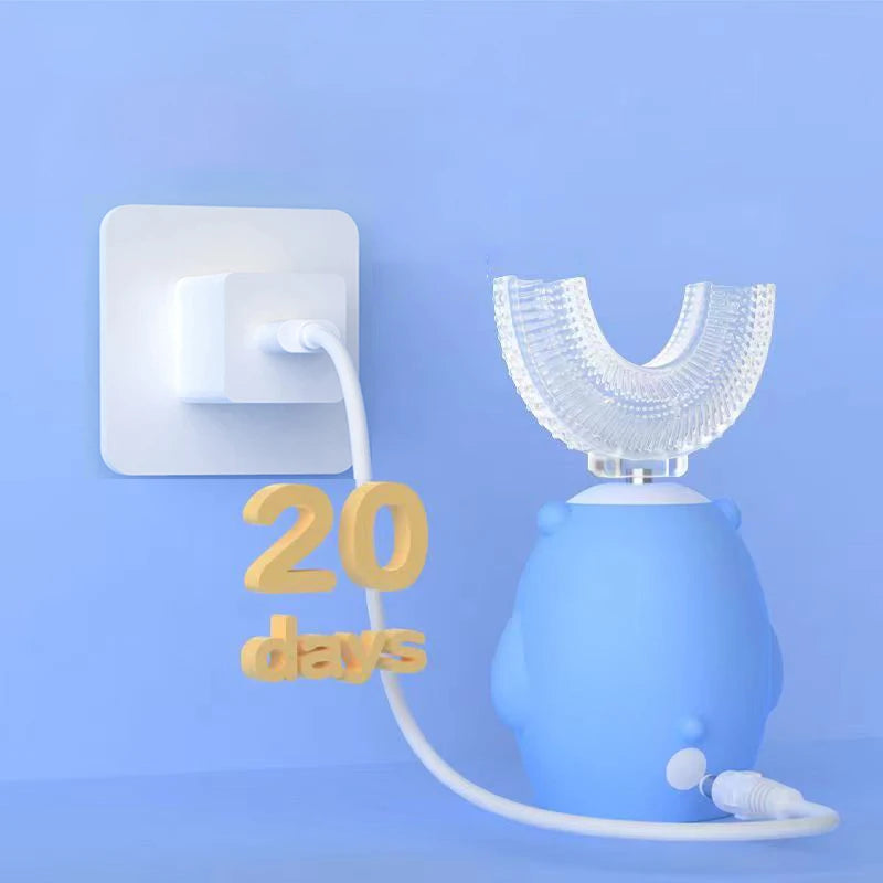 360° Schallzahnbürste für Kinder, U-Form, automatische Silikonzahnbürste, Smart-Timer, wiederaufladbar, blaues Licht, IPX7