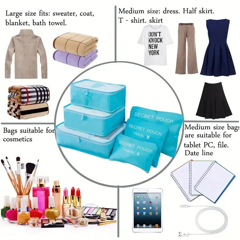 6 Teile/Satz, Rosa/Blau/Grau Reise Tasche, Große Kapazität, Wasserdichte Gepäck, Kleidung/ Unterwäsche Tasche, Tasche mit Zipper