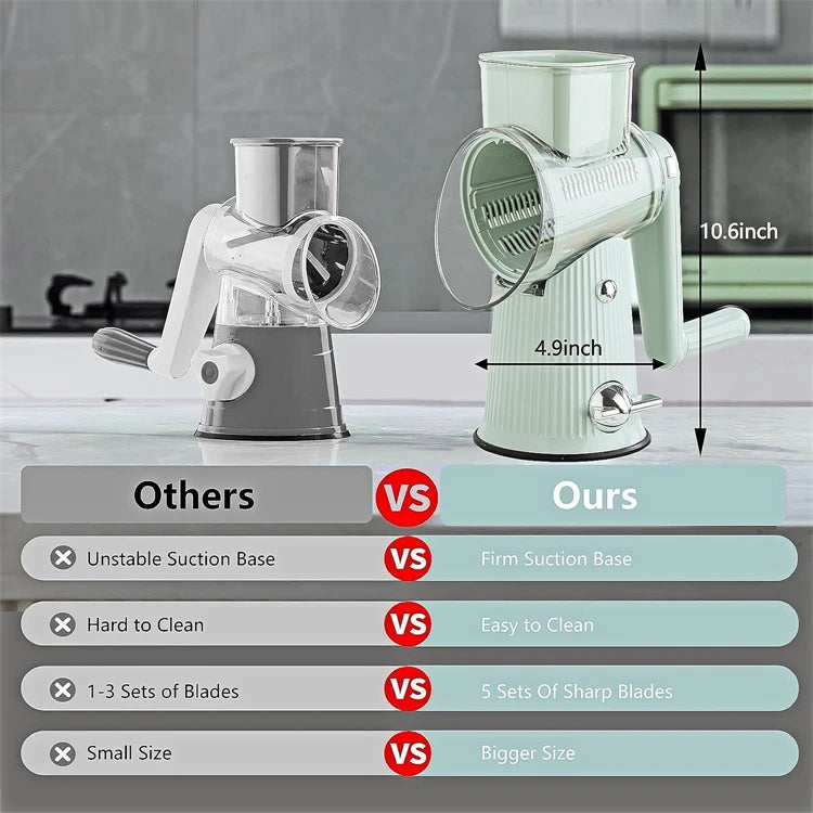 5-in-1 rotierende Käsereibe mit Griff, Küchen-Gemüseschneider, runder Mandoline-Trommelschneider mit Saugbasis JT435