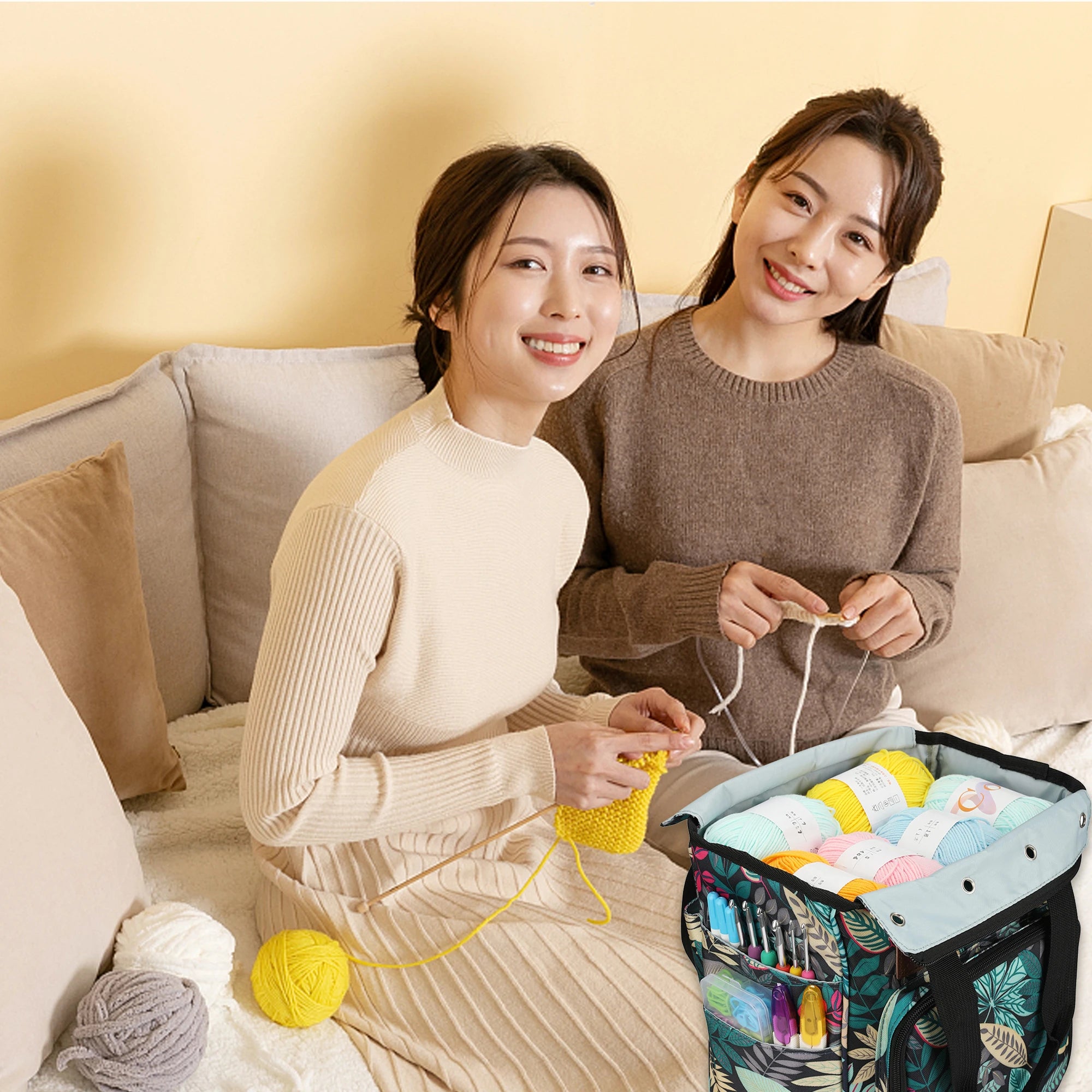 KOKNIT Strick-Tragetasche, Garn-Aufbewahrungstasche für Stricknadeln, Häkelnadeln und Nähzubehör, DIY-Nähset-Tasche für Mamas