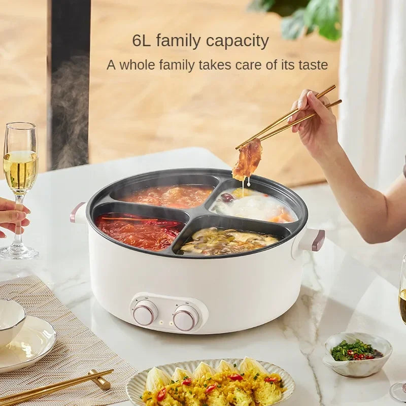 6L Elektrischer Hot Pot mit vier Kochstellen, 2000W, mehrere Temperaturen, 4 Fächer, Antihaftbeschichtung, Sicherheitsabschaltung, für den gemeinsamen Gebrauch zu Hause mit der Familie