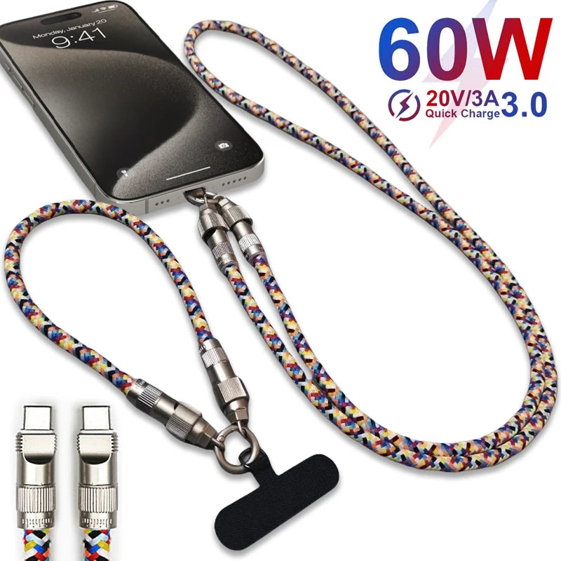 2-in-1-Handy-Lanyard und 60-W-Schnellladekabel Typ C, Dual-USB-C-Datenkabel, Crossbody-Halsseil-Armband für iPhone Mi