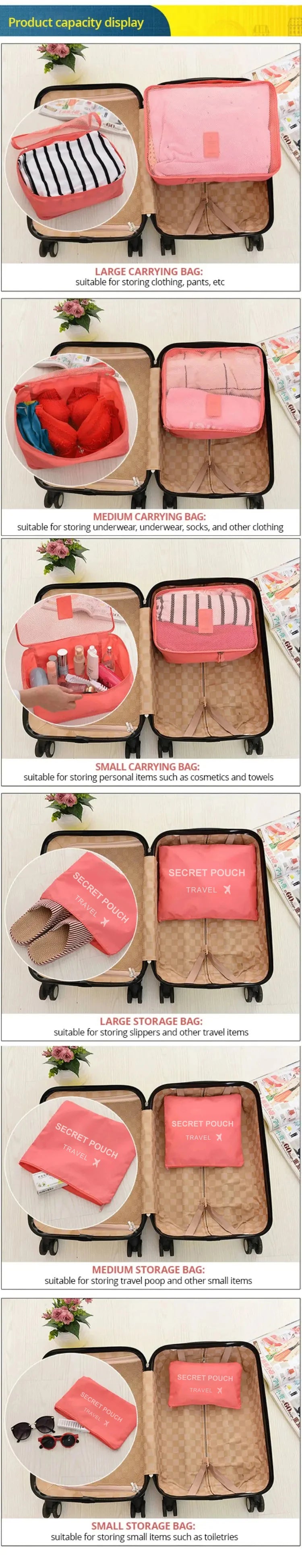 6 Teile/Satz, Rosa/Blau/Grau Reise Tasche, Große Kapazität, Wasserdichte Gepäck, Kleidung/ Unterwäsche Tasche, Tasche mit Zipper