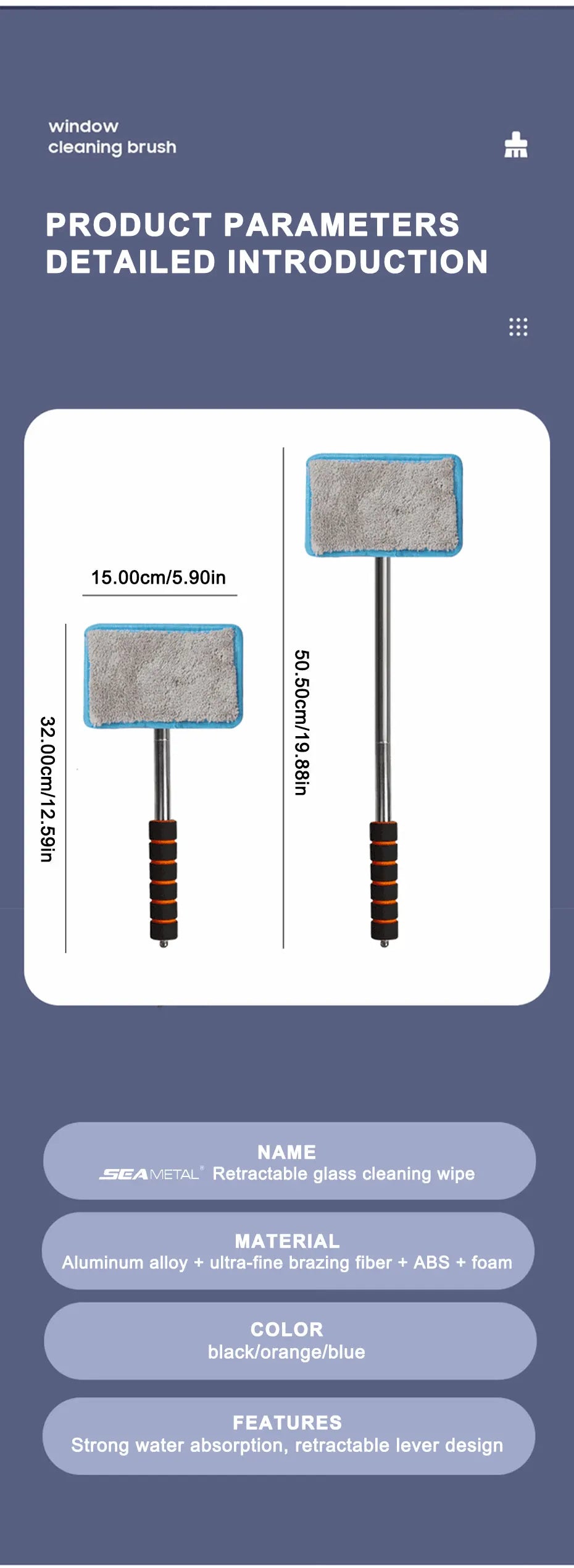 SEAMETAL Auto-Windschutzscheiben-Reinigungsbürste, Fensterglas, sauberer Wischer, skalierbarer langer Griff, kratzfrei, weiches Waschtuch, Waschwerkzeug