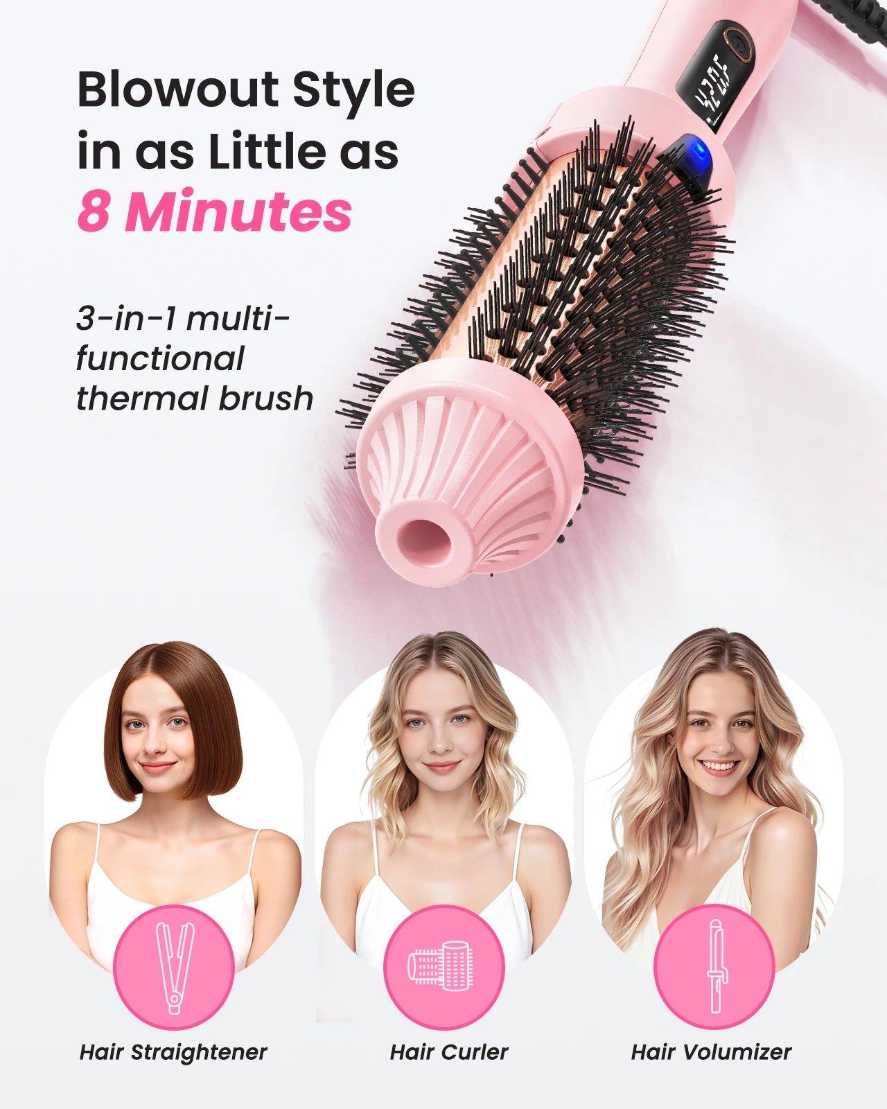 Thermobürste Blowout Boost, 1,5 Zoll beheizte Rundbürste für Blowout-Look, Dual-Voltage-Negativ-Ionen-Technologie 6-Temperaturmodus