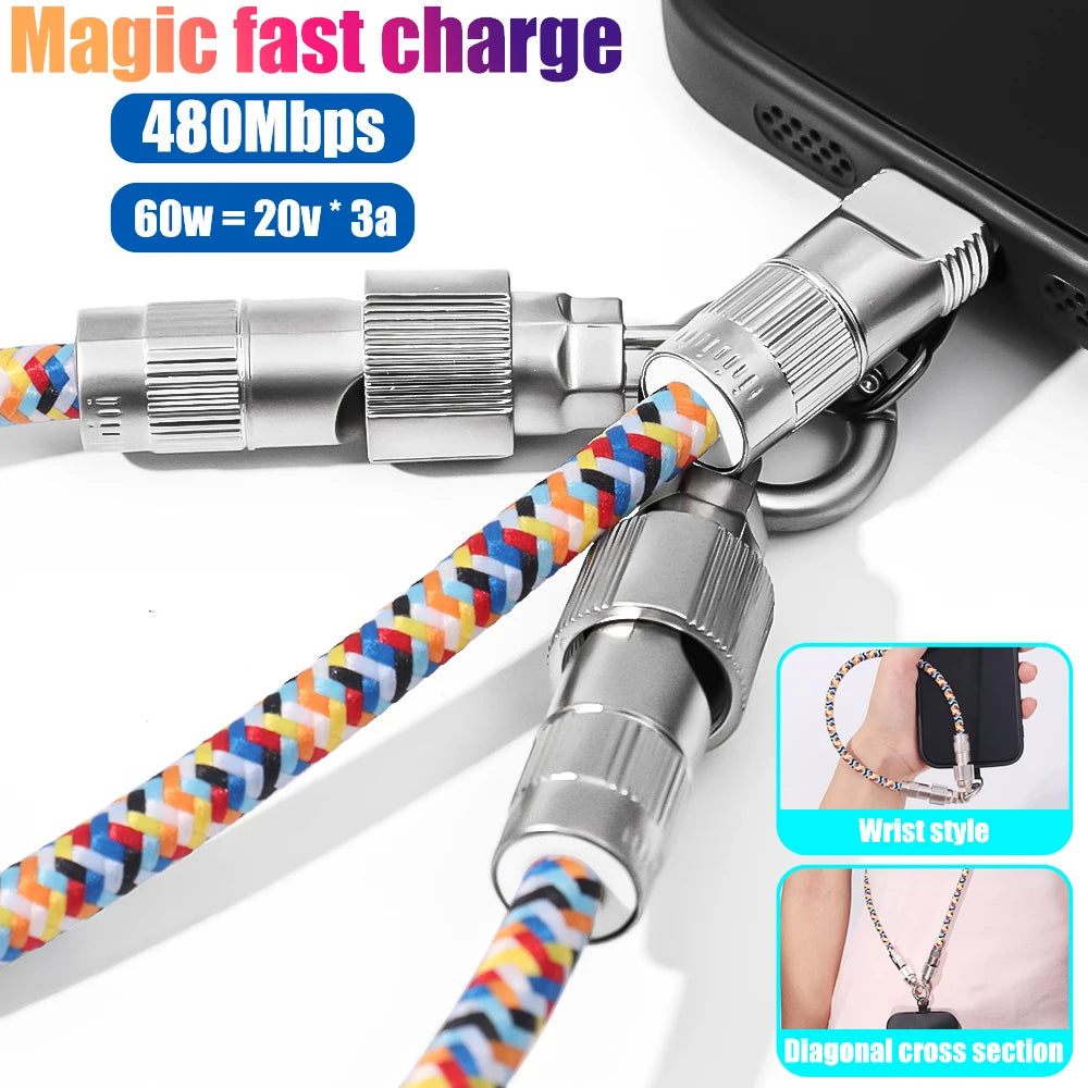 2-in-1-Handy-Lanyard und 60-W-Schnellladekabel Typ C, Dual-USB-C-Datenkabel, Crossbody-Halsseil-Armband für iPhone Mi