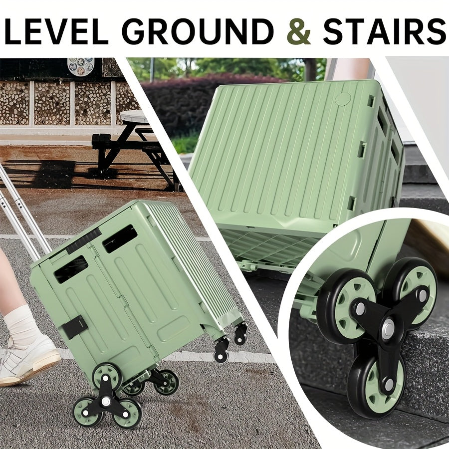 Heavy-Duty Foldable Utility Cart with 4 Rotating Wheels & Telescoping Handle - Collapsible Portable Rolling Crate Handcart, Durable Plastic/Metal Construction for Travel, Shopping, Office, Teachers, Luggage Storage, Office Or