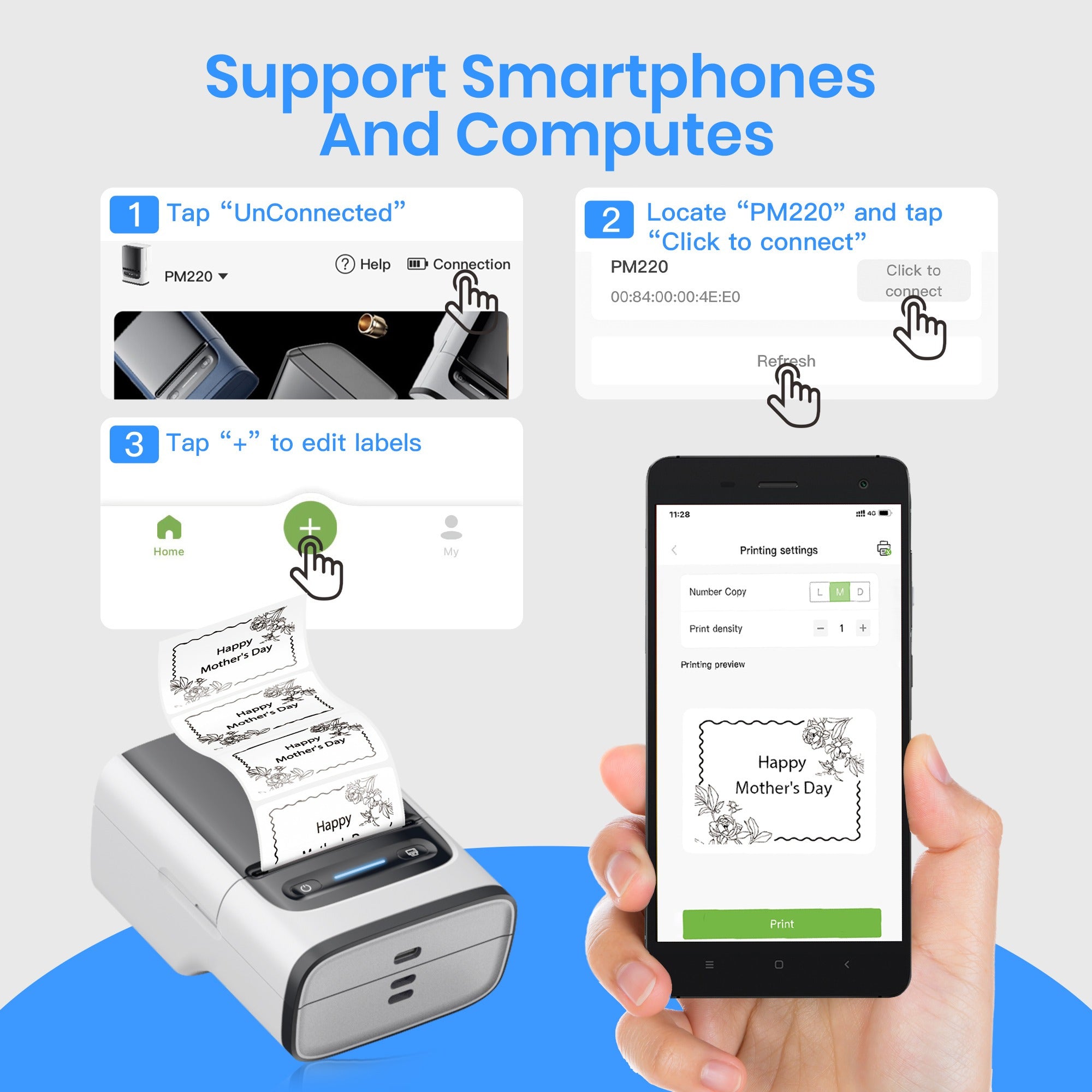 Etikettendrucker - Etikettierer mit Klebeband, Etikettendrucker PM220, tragbarer 2-Zoll-Thermodrucker für Zuhause, Büro, Adressen, Logos, Kleidung, kleine Unternehmen usw., unterstützt Etikettenbreiten von 23-54 mm (0,91"-2,12"), 1 Packung, Weiß, Schwarz,