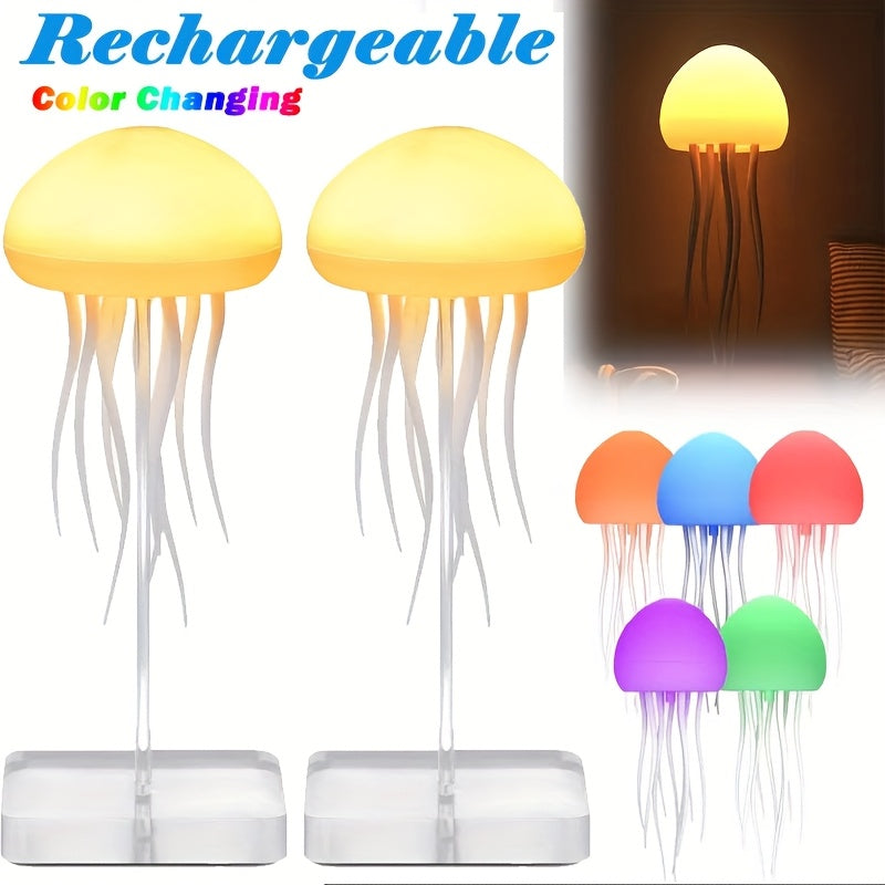 2/1 Stück wiederaufladbares intelligentes LED-Quallen-Nachtlicht – RGB-Farbverlauf, einstellbarer Farbwechsel, sprachgesteuert, USB-betriebene Tischlampe für Schlafzimmer- und Wohnzimmerdekor