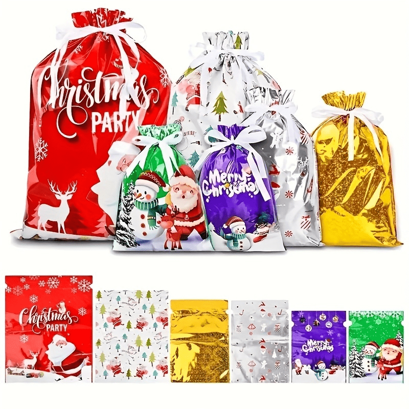 18-teiliges Weihnachtsgeschenktüten-Set, 6 Stile, je 3 Stück, Plastikbeutel mit Kordelzug und festlichen Designs, Geschenktüten für Feiertagspartys, Geschenktüten für Weihnachten, Geschenkverpackungszubehör