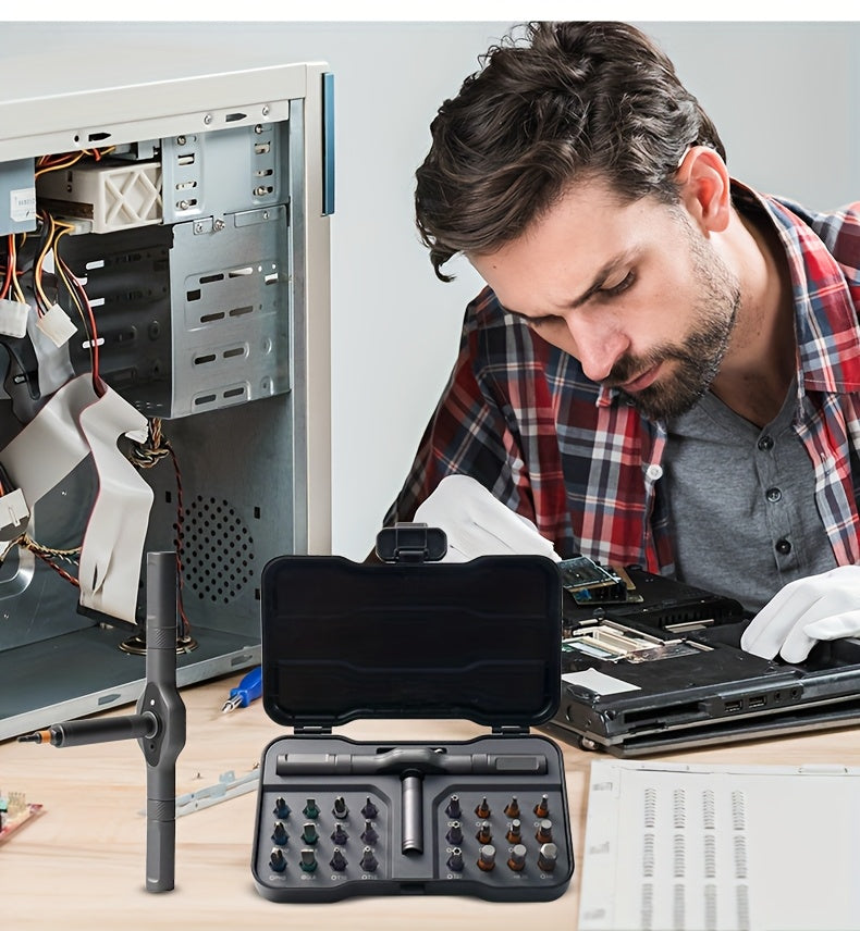 Kompaktes 25-in-1-Ratschenschraubendreher-Set mit Magnet | Abnehmbarer Griff und Präzisionsbits | Für die Reparatur von Telefonen/Uhren/PCs | Heimwerker-Werkzeugset aus Chrom-Vanadium-Stahl | Robustes, tragbares Etui
