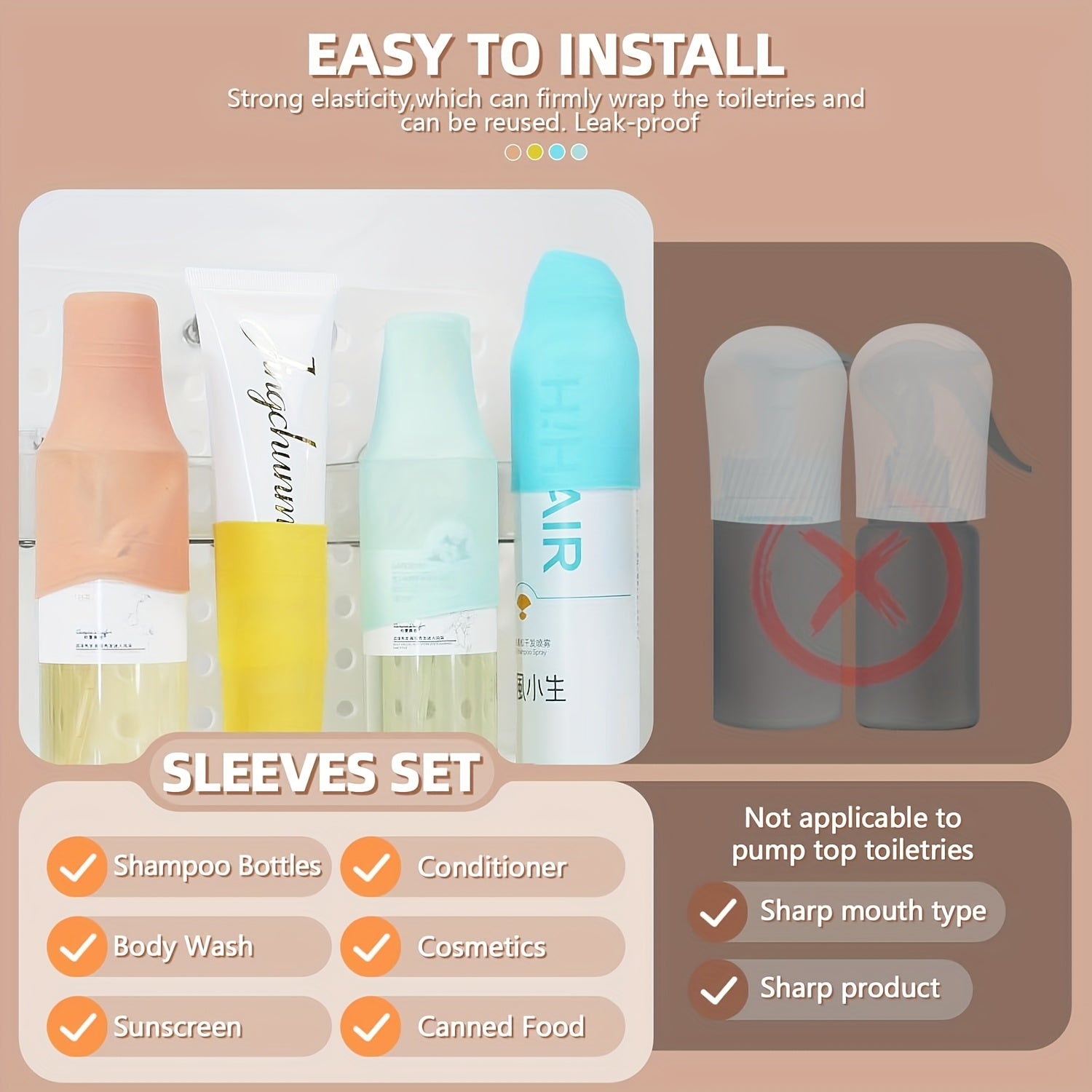 12 Stück Reiseflaschenhüllen, auslaufsichere elastische Hüllen, Silikon-Reisebehälter-Toilettenartikelhüllen, auslaufsicheres Reisezubehör mit Verschluss, geeignet für Shampoo-, Spülungs- und Waschflaschen, Reise-Toilettenartikelflaschen