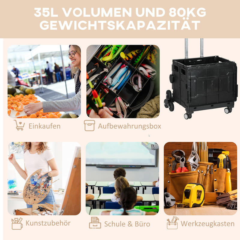 Faltbarer Einkaufswagen mit Teleskopgriff, Treppensteiger, Max. Tragkraft 65 kg, Schwarz