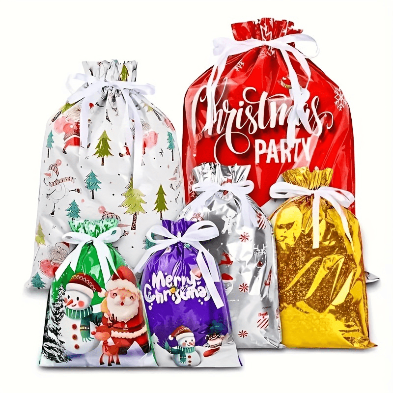 18-teiliges Weihnachtsgeschenktüten-Set, 6 Stile, je 3 Stück, Plastikbeutel mit Kordelzug und festlichen Designs, Geschenktüten für Feiertagspartys, Geschenktüten für Weihnachten, Geschenkverpackungszubehör