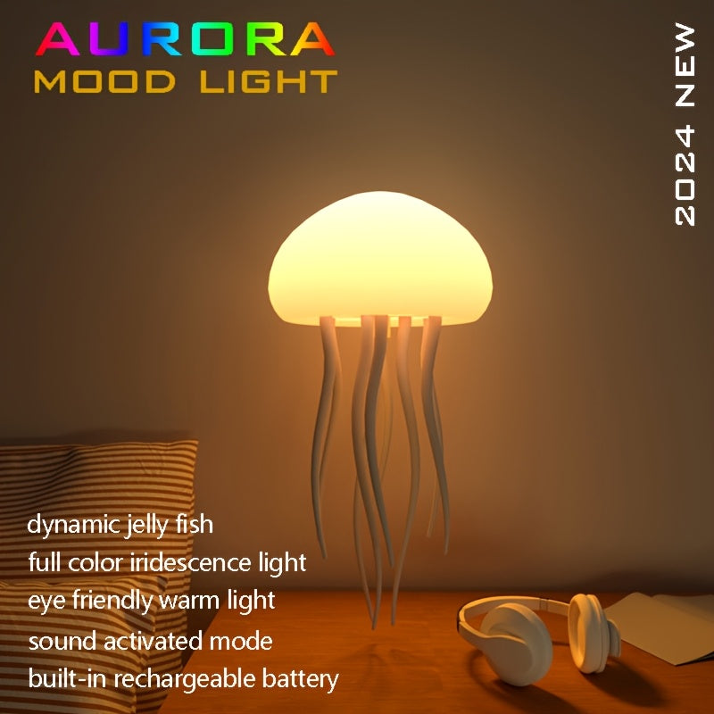 2/1 Stück wiederaufladbares intelligentes LED-Quallen-Nachtlicht – RGB-Farbverlauf, einstellbarer Farbwechsel, sprachgesteuert, USB-betriebene Tischlampe für Schlafzimmer- und Wohnzimmerdekor