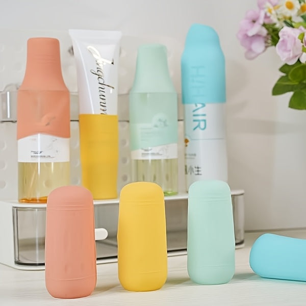 12 Stück Reiseflaschenhüllen, auslaufsichere elastische Hüllen, Silikon-Reisebehälter-Toilettenartikelhüllen, auslaufsicheres Reisezubehör mit Verschluss, geeignet für Shampoo-, Spülungs- und Waschflaschen, Reise-Toilettenartikelflaschen