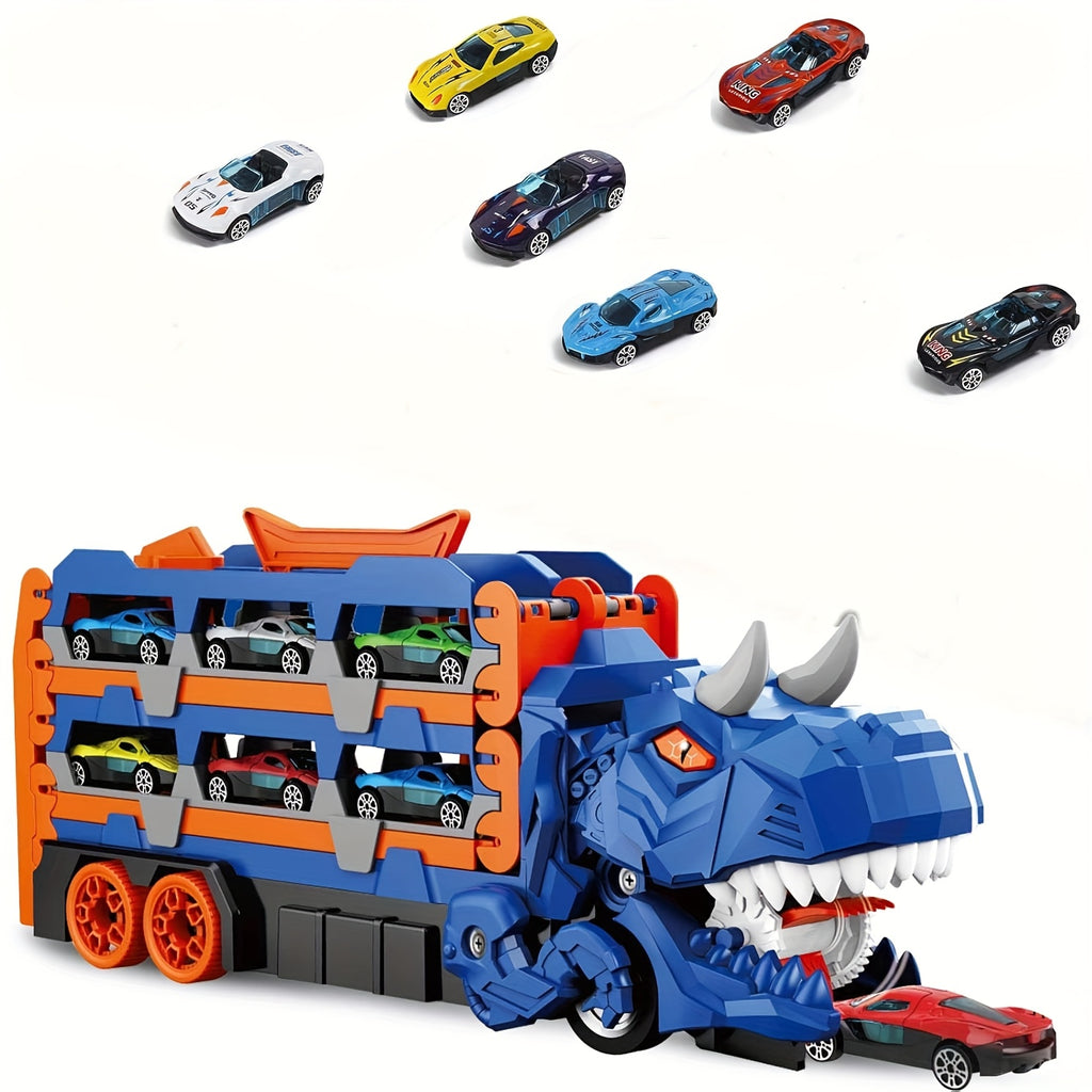 Dreiteiliger Dinosaurier-Spielzeuglaster – Sechs Miniatur-Automodelle aus Metalllegierung, interaktive Eltern-Kind-Spiele, ausziehbar zu einer Rennstrecke, perfektes Geschenk für Jungen- und Mädchengeburtstage