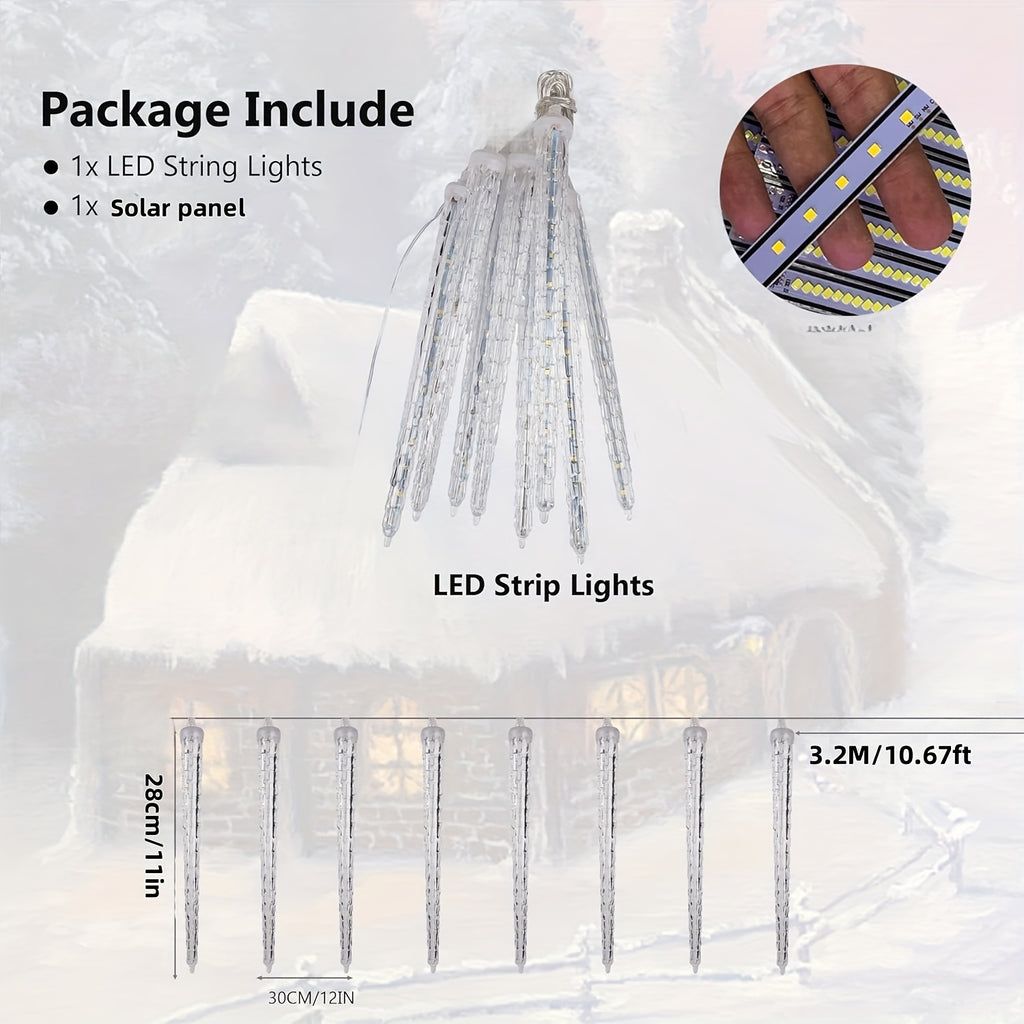8-Pack Solar-Powered Icicle Lights - Outdoor Christmas Decoration with Solar Charging, Auto-Cycling On/Off, No Wiring Needed, for Garden, Roof, Tree, Party - Energy-Efficient Solar icicle lamps (192 SMD LEDs, 5.3m/17.5ft, Dur