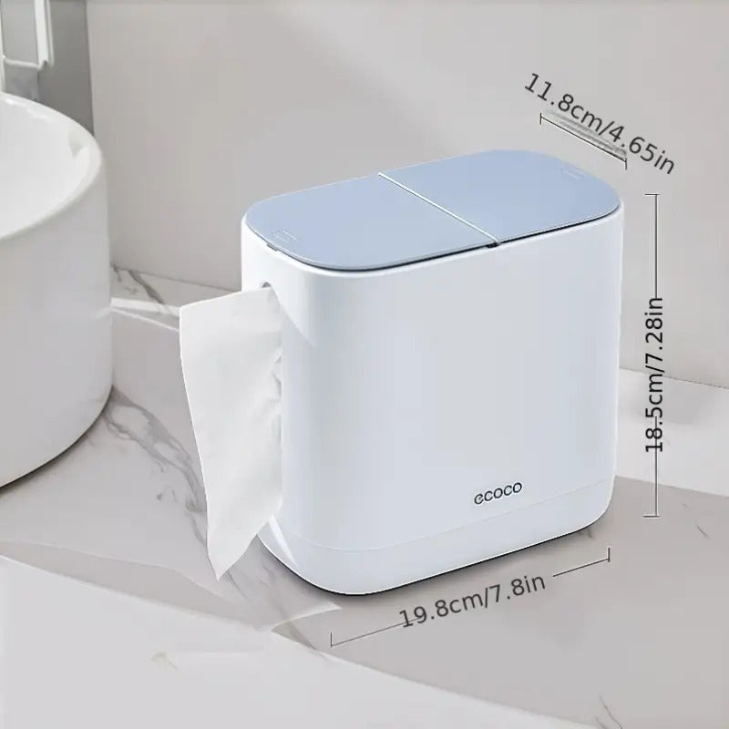 Moderner, weiß-grauer All-in-One-Papierhandtuchhalter und Abfalleimer – platzsparender Tischspender mit hygienischem Ein-Knopf-Deckel, robustes Kunststoffmaterial für Bad und Büro – kompakte Aufbewahrungsbox für Taschentücher