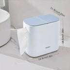 Moderner, weiß-grauer All-in-One-Papierhandtuchhalter und Abfalleimer – platzsparender Tischspender mit hygienischem Ein-Knopf-Deckel, robustes Kunststoffmaterial für Bad und Büro – kompakte Aufbewahrungsbox für Taschentücher