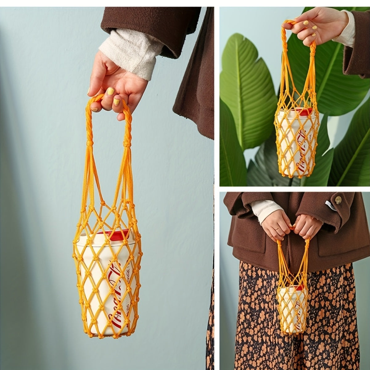 1pc Hand-Woven Net Bag, Water Cup, Drink Coffee Portable Bag, Reusable, Hand-Held Water Kettle Bag, Drink Bag, Decorative Net Bag, Storage Decorative Bag, Suitable for Giving Gifts to Friends, Relatives, Classmate