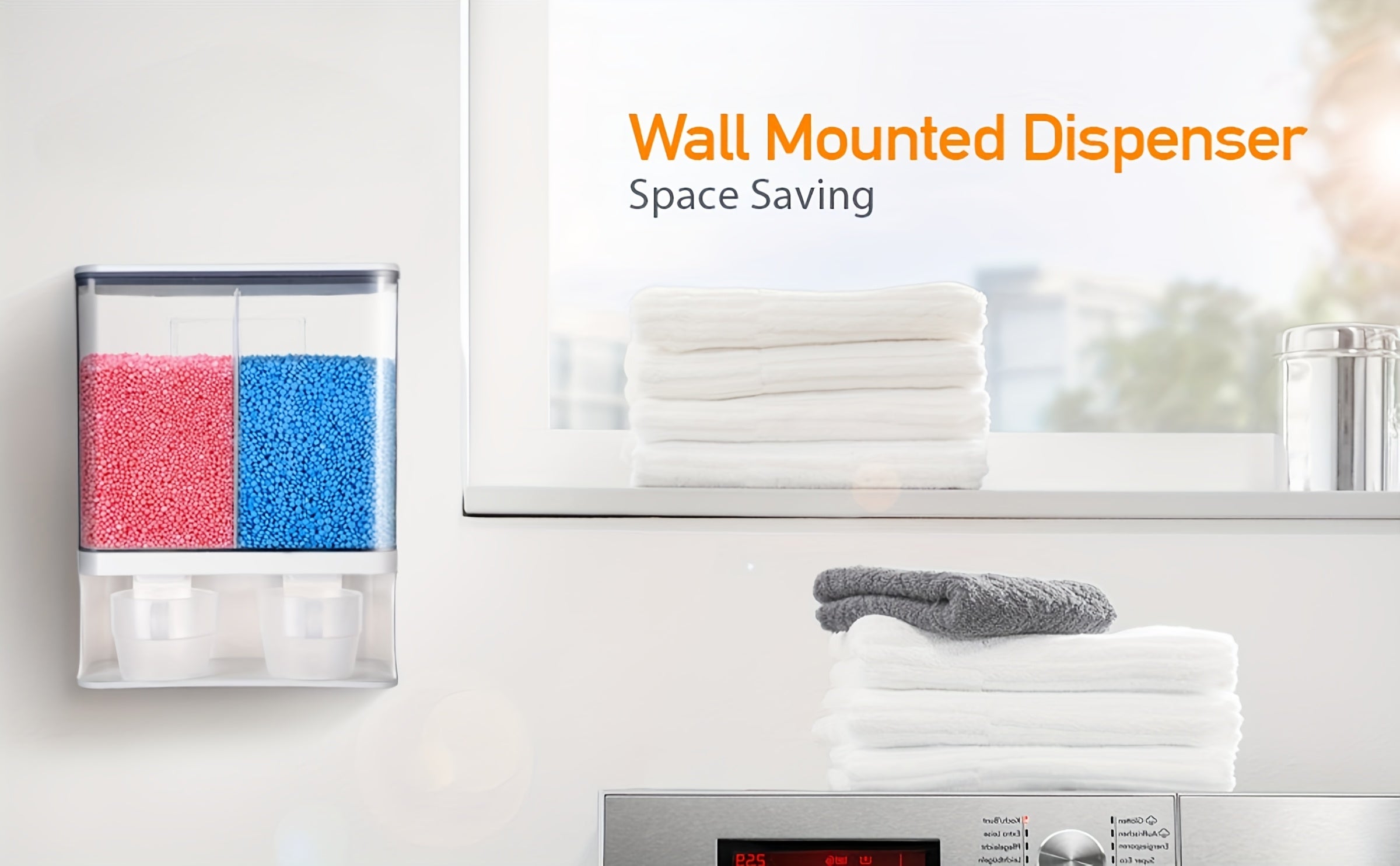 Wandmontierter DIY-Waschmittelspender – Transparenter Behälter mit zwei Kammern, geeignet für Duftperlen, Fleckenentferner und Tierfutter – Platzsparende, hochwertige Kunststoff-Aufbewahrungsbox, einfache Montage, für moderne Waschküchen