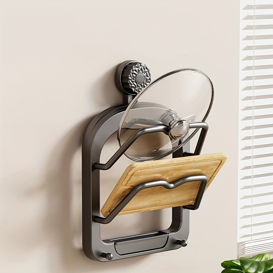 1 Stück Küchenschrank-Aufbewahrungsregal ohne Bohren – Multifunktionaler Organizer mit zwei Topfdeckelhaltern, Saugnapf-Wandbefestigung, einfache Installation, platzsparendes Design für Küche und Esszimmer, praktisches Hängeregal, Küchenorganizer