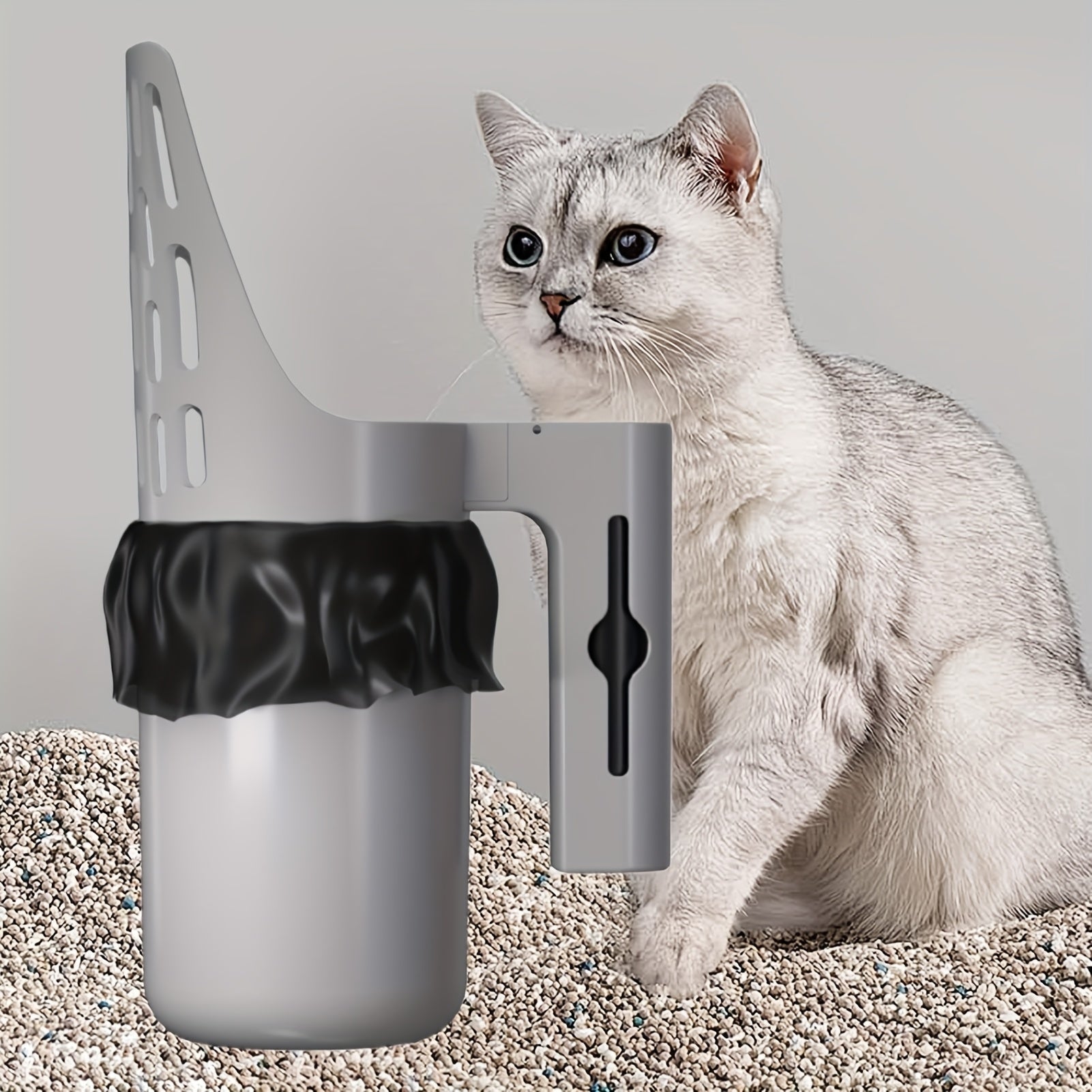 Katzenstreuschaufel mit Einhandverschluss (großes Fassungsvermögen) - Freihändige Haustierkotschaufel für Katzen/kleine Hunde, streubeutelfreundlich, geruchsneutralisierend (5 Müllbeutelrollen enthalten, kein direkter Handkontakt)