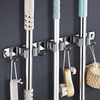 1 Stück robuste, wandmontierte Werkzeugablage aus Edelstahl, Halterung für Mopp und Besen - Geeignet für Haushalt, Küche, Garage, Waschküche, Badezimmer zur Organisation und Aufbewahrung mit Haken